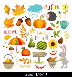 Set mit niedlichen Herbstcomic-Elementen. Herbstsaison. Sammlung für Scrapbooking und Collagen. Vektorabbildung Stock Vektor