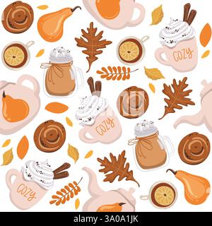 Herbst nahtloser Musterhintergrund mit gelben Blättern, Kaffeetasse, Tee. Vektorabbildung Stock Vektor