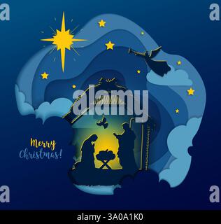 Grußkarte der traditionellen christlichen Weihnachtskrippe des Jesuskindes in der Krippe mit Maria und Josef in Silhouette. Heilige Nacht. Stock Vektor
