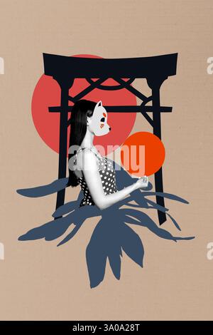 3D Collage Design Composite Trend Skizze des japanischen Kulturgebäudes Ornament Textur Design Muster junge Dame tragen Tiermaske halten Sonne Stockfoto