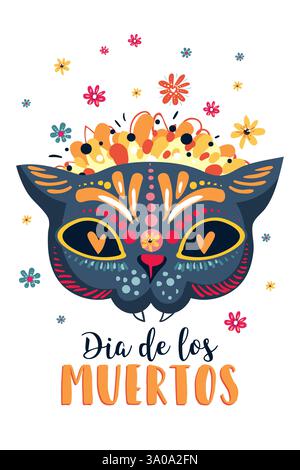 Dia de Los Muertos, mexikanischer Tag der Toten, Set Grußkarten mit Buchstaben, Blumen, Katzenschädel. Stock Vektor