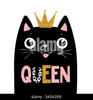 Schwarze Katzenkönigin, Queen-Schriftzug, Illustrator für Kinder, Kinderdruck Stock Vektor