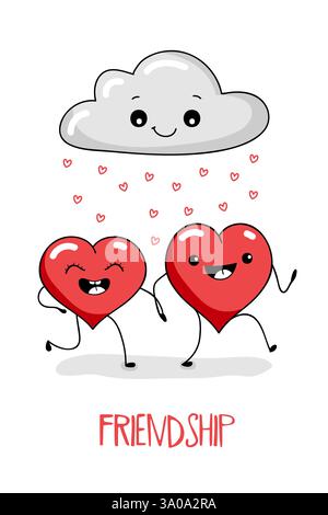 Niedliche Grußkarte, Poster, Druck mit zwei Herzen im Kawaii-Stil. Freundschaftsillustration, Valentinstag. Stock Vektor