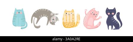 Set von niedlichen Katzen im flachen Stil, Illustrationen für Kinder, Vektor Stock Vektor
