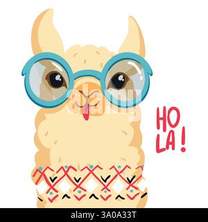 Süße lama-Figur, Blumenkranz auf dem Kopf, lächelndes Alpaka. Hola-Illustrationen Stock Vektor