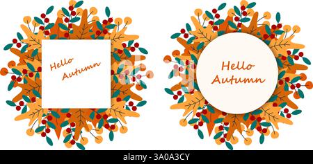 „Hello Autumn Freehand“-Schriftzug Quadratische und kreisförmige Notizseiten „Herbstlaub“-Rahmenrahmen Set 2. Isolierte Vektor-Illustration Grußkarten oder thematische Karten, Poster, Preise, Etiketten oder Web-Werbebanner Stock Vektor