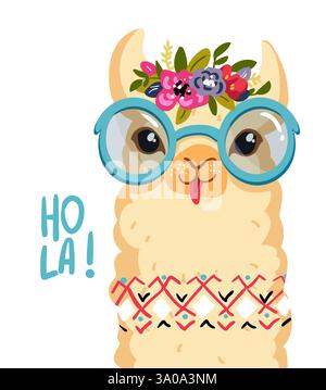 Süße lama-Figur, Blumenkranz auf dem Kopf, lächelndes Alpaka. Hola-Illustrationen Stock Vektor