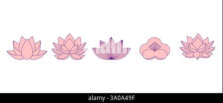Rosafarbene Lotusblumen-Kollektion. Minimalistische einfache Illustrationen, Symbole und Logos. Stock Vektor