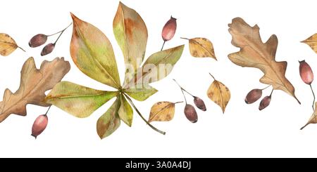 Nahtlose Borte mit Blumenmotiven im Herbst mit roten Beeren, Lindenblättern und Kastanienillustration. Isoliertes Herbstbanner mit bunten Blättern für Kitc Stockfoto