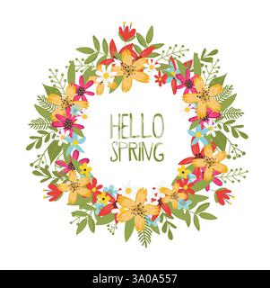 Farbenfroher Kranz mit Frühlingsblumen, Blättern und Schriftzügen. Hallo Frühling. Vektorabbildung EPS 10. Stock Vektor