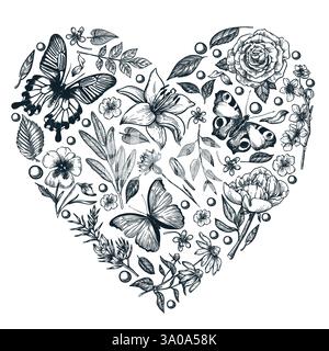 Schmetterlinge, Blumen und Blätter in Herzform. Vektor-handgezeichnete Skizze Illustration isoliert auf weißem Hintergrund. Frühling, Sommer-Modeschmuck, Post Stock Vektor