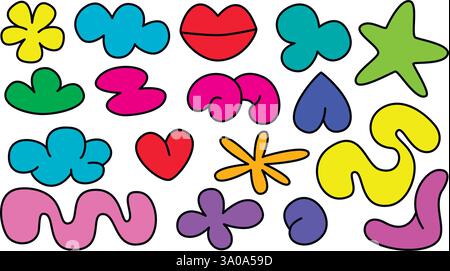 Bunte Farben verspieltes abstraktes Formset. Niedliche Bubbles-Kollektion. Designelemente wie Herz, Stern, Blume, Welle und andere. Vektorgrafiken Stock Vektor