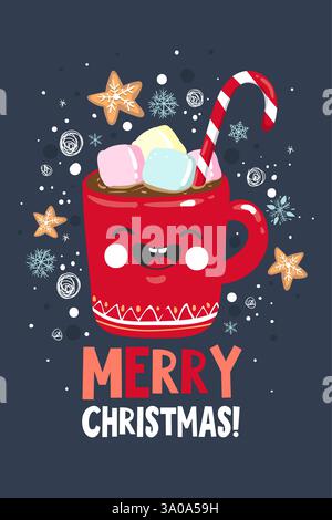 Süße Grußkarten für frohe Weihnachten und Happy New Year. Handgezeichnetes Poster für Feiertage, Postkartendesign. Vektorabbildung EPS 10. Stock Vektor