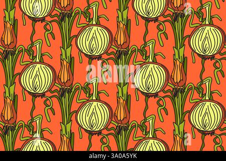 Botanisches abstraktes nahtloses Muster mit saftigen Zwiebeln Vektor-Illustration. Buntes Gemüse, das Zeichentrickmuster in orangefarbenem Hintergrund wiederholt. G Stock Vektor