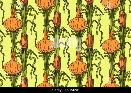 Botanisches abstraktes nahtloses Muster mit saftigen Zwiebeln Vektor-Illustration. Buntes Gemüse, das Zeichentrickmuster auf gelbem Hintergrund wiederholt. G Stock Vektor