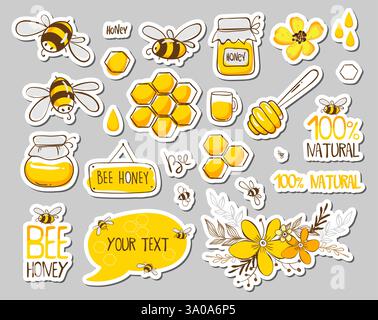 Set mit Stickern mit süßen Bienen, Blumen und Honig mit Schriftzug. Vektorabbildung Stock Vektor