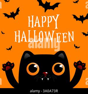 Halloween Papier geschnittener Hintergrund mit schwarzer Katze. Grußkarte, Flyer, Poster oder Einladungsvorlage für Halloween. Vektorabbildung Stock Vektor