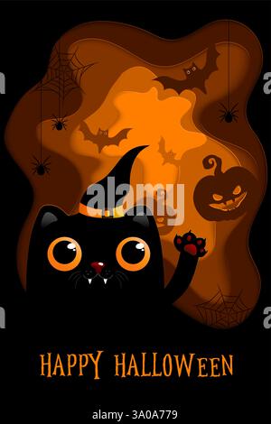 Halloween Papier geschnittener Hintergrund mit Kürbis, schwarzer Katze und Spinnen. Papierkunst im Stil der Schnitzerei. Grußkarte, Flyer, Poster oder Einladungsvorlage für H Stock Vektor