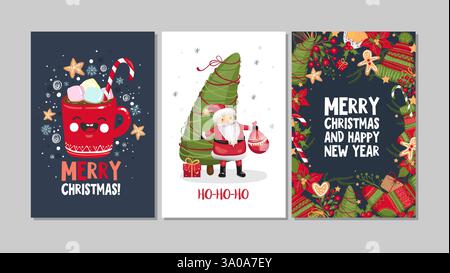 Sammlung süßer Grußkarten für frohe Weihnachten und Happy New Year. Set mit handgezeichneten Vorlagen für Urlaubsposter, Postkartendesign. Stock Vektor