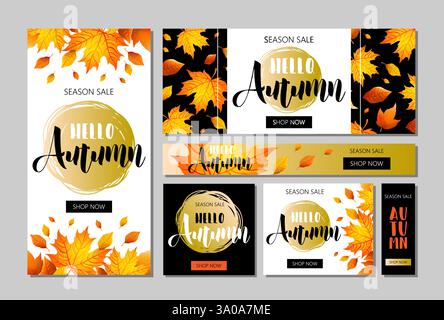 Set mit Webbannervorlagen für den Herbst-Verkauf mit Schriftzug, orangefarbene Blätter. Herbstangebot. Poster, Banner, Karte, Etikett und anderes Design. Stock Vektor
