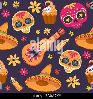 Tag der Toten nahtloses Vektormuster mit Zuckerschädeln und Blumen. Dia de los Muertos Tramslate - Tag der Toten Muster Hintergrund. Stock Vektor