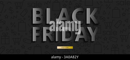 Schwarzes horizontales Banner für den Verkauf am Black Friday. Black friday 3D Text. Vektorbanner für Shop, Web, Geschäft, Geschäft und andere. Stock Vektor