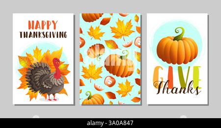 Set mit Thanksgiving-Grußkarte, Poster, Banner, Flyer und anderem. Vektorillustrationen, nahtloses Muster auf Blau Stock Vektor