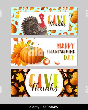 Thanksgiving-Banner mit orangefarbenen Kürbissen, truthahn und Herbstblättern. Stock Vektor