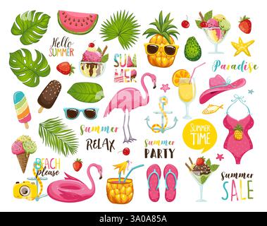 Sommer-Set mit handgezeichneten Reiselementen. Eis, Wassermelone, Blätter, Hut, Sandalen, Ananas, Beutel Kalligraphie und andere Stock Vektor