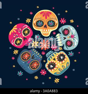 Dia de Los Muertos, mexikanischer Tag der Toten. Vektorillustration mit Zuckerschädeln. Vektor-EPS10 Stock Vektor