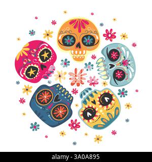 Dia de Los Muertos, mexikanischer Tag der Toten. Vektorillustration mit Zuckerschädeln. Vektor-EPS10 Stock Vektor