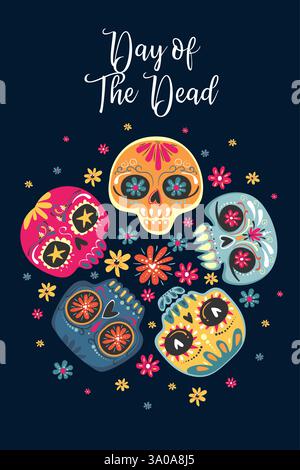 Dia de Los Muertos, mexikanischer Tag der Toten, Set Grußkarten mit Schriftzug Stock Vektor