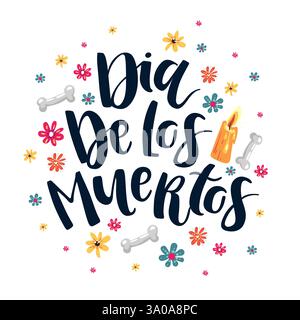Dia de Los Muertos, mexikanischer Tag der Toten von Hand gezeichnete Buchstaben mit Blumen auf dunkelblauem Hintergrund Stock Vektor