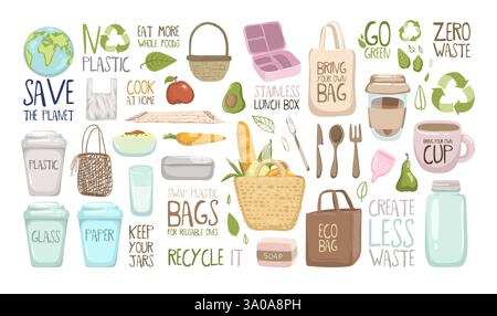 Satz von Null-Abfall-Elementen und Schriftzügen. Vektoreluustration ohne Abfall. Umweltfreundlich, umweltfreundlich, kein Plastik, rette den Planeten und andere Stock Vektor
