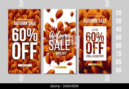 Set von Herbstbroschablone mit Schriftzug, orangefarbene Blätter. Herbstangebot. Poster, Banner, Karte, Etikett und anderes Design. Vektorabbildung. Stock Vektor