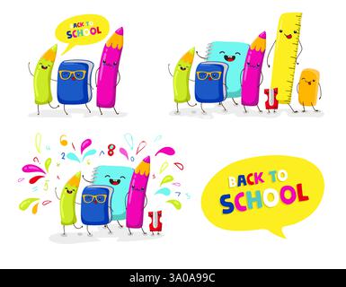 Zurück zur Schule, Kawaii-Charaktere. Schulillustrationen. Vektor-EPS10. Stock Vektor