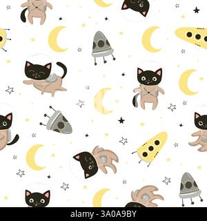 Nahtloses Muster mit niedlichen Katzen-Astronauten in Helmen. Nahtloser Hintergrund für Kinderdesign, Geschenkpapier, Tapeten, Textil, Bekleidung, Material Stock Vektor
