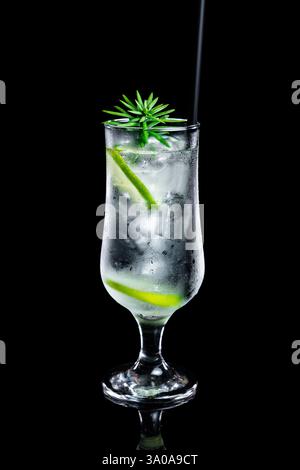 Premium-Gin und Tonic mit Limette und Rosmarin, serviert in einem eleganten Glas auf schwarzem Hintergrund Stockfoto