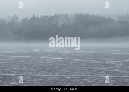 Wundervolle frühlingshafte Landschaft mit gefrorenem See und rauchenden Nebelwäldern im Hintergrund Stockfoto