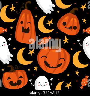 Nahtloses Halloween-Muster mit niedlichen Kürbissen und anderen halloween-Elementen. Halloween Vektor Hintergrund. EPS 10 Stock Vektor