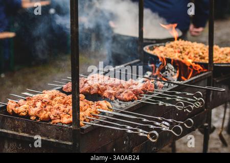 Vorbereiten von Hähnchenfleischspießen, gegrillt oder gebraten in einem Grill auf einem offenen Feuer und Flammen, Schaschlik oder Schaschlik für ein Picknick mit Mistgabeln, schließen Stockfoto
