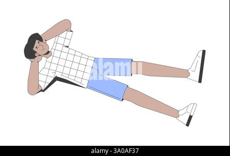 Junger hispanischer Mann in kariertem T-Shirt, der auf dem Rücken liegt und Hände hinter dem Kopf hat 2D-Zeichentrickfigur Stock Vektor