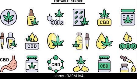 Offene Hand mit Marihuana-Blatt-Symbolen. Bearbeitbare Kontur. Cannabidiol Flat Icons Kollektion. Cannabislegalisierung. Einfache Symbole. Vektorisolierter dr Stock Vektor