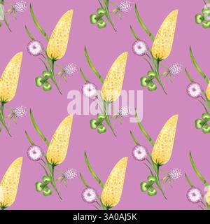 Nahtloses Aquarellmuster mit goldenen Rodblumen, Kleeblättern und lila Blüten auf rosa Hintergrund. Zartes botanisches Design für Stoff Stockfoto