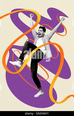 Skizze Bild Trend Artwork Montage 3D Foto Collage der Linie Illustration surrealer Raum junger Mann Stand aufgeregt Emotion Gesicht Spaziergang glücklich Stockfoto