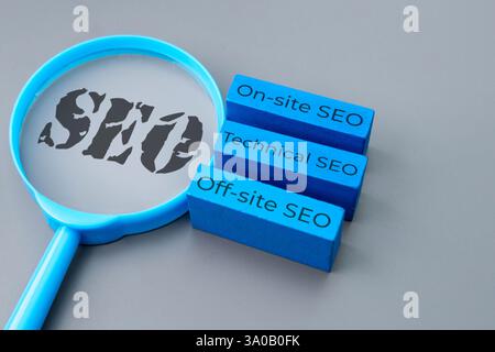 Eine Lupe mit den Buchstaben „SEO“ neben den drei Blöcken „On-Site SEO“, „Technical SEO“ und „Off-Site SEO“. Suchmaschinenoptimierung Stockfoto