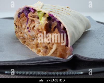 Türkischer Kebab in Tortilla mit Salat, Rotkohl und Dressing Stockfoto