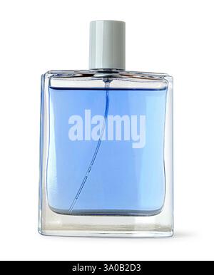 Glasparfümflasche mit frischem, blauem Duft, isoliert auf weißem Hintergrund, ausgeschnitten Stockfoto