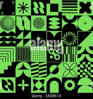 Nahtloses Neo Geo-Muster mit abstrakten geometrischen Formen und Symbolen. Minimalistisches, brutalistisches und bauhaus-Design. Postmoderne Tapete im Schweizer Stil mit strukturierten Blöcken. Vektorgrafik EPS10. Stock Vektor
