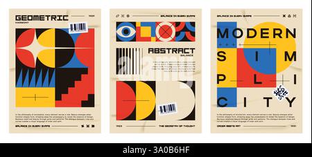 Drei vom bauhaus inspirierte Plakatvorlagen aus der Mitte des Jahrhunderts. Abstrakte geometrische Formen auf einem Raster mit fettgedruckter Typografie. Vintage-Look. Vektor-EPS10. Stock Vektor